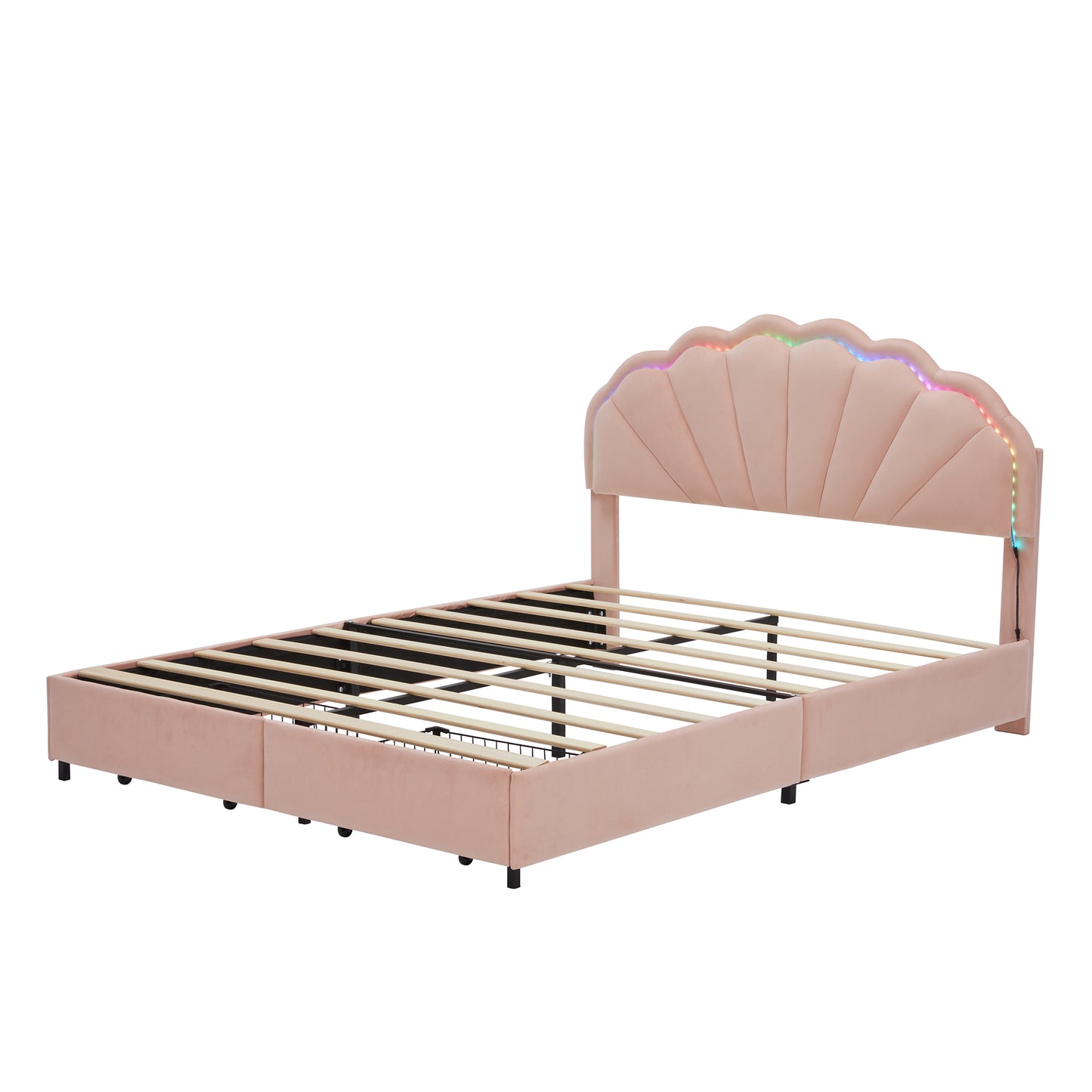 Full Size Upholstered Smart LED Bed Frame with 2 Storage Drawers and Chic Double Petal Headboard , Princess Platform Bed for Girls, No Box Spring Needed