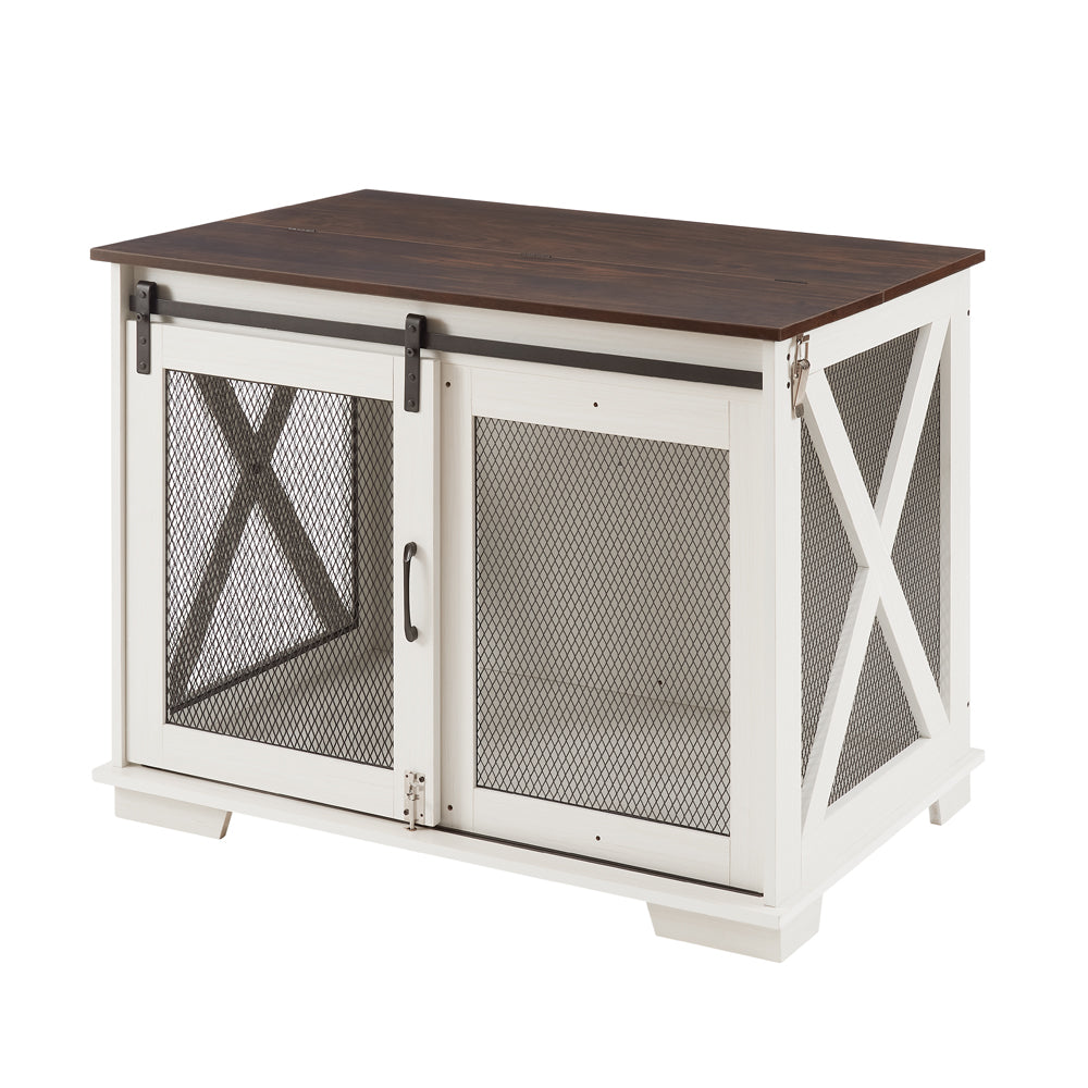 Farmhouse Dog Cage Crate Furniture with Sliding Barn Door, Farmhouse Wooden Dog Kennel End Table with Flip-top Plate Dog House with Detachable Divider for Small/Medium/Large Dog White