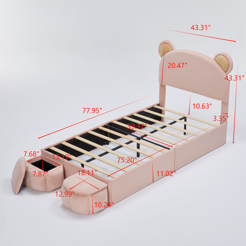 Twin Size Upholstered Platform Bed Frame with Cartoon Bear Ears Shaped Headboard for Kids Teens Bedroom, No Box Spring Needed
