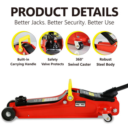 Floor Jack, 2 Ton Low Profile Floor Jack, 3t jack stand Tire Repair Kit Heavy Duty Steel Racing Floor Jack with Single Piston Quick Lift Pump, Floor Jack Lifting Range 3.3"-15.2"