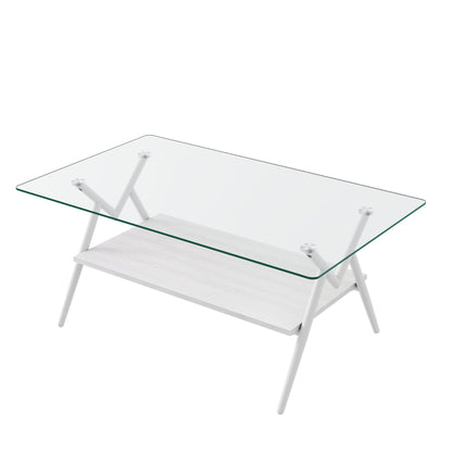 KELESY Modern Rectangle Coffee Table with Tempered Glass Top and Metal Legs - Stylish Living Room Glass Table