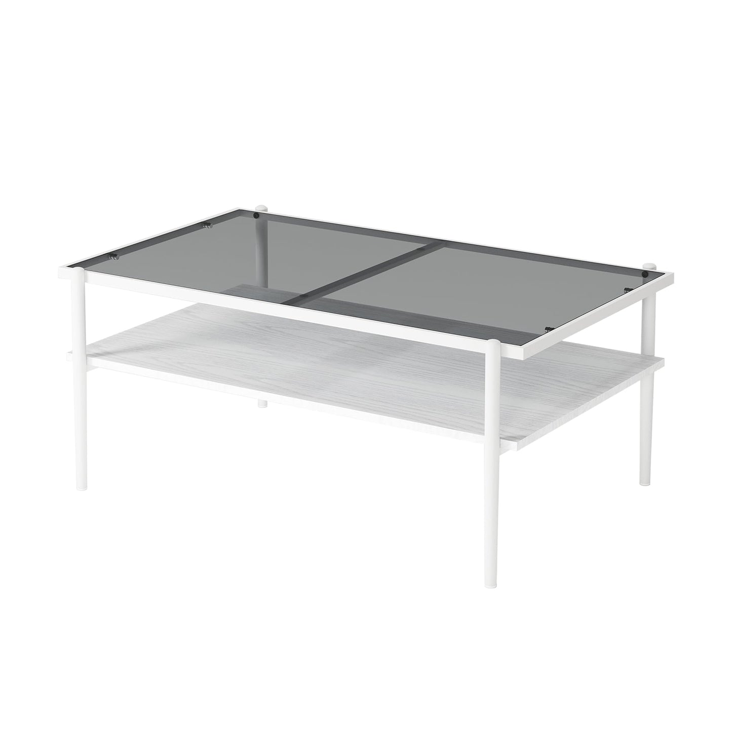 KELESY Modern Rectangle Coffee Table with Gray Tempered Glass Top and Metal Legs - Stylish Living Room Glass Table