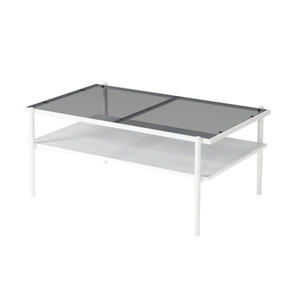 KELESY Modern Rectangle Coffee Table with Gray Tempered Glass Top and Metal Legs - Stylish Living Room Glass Table