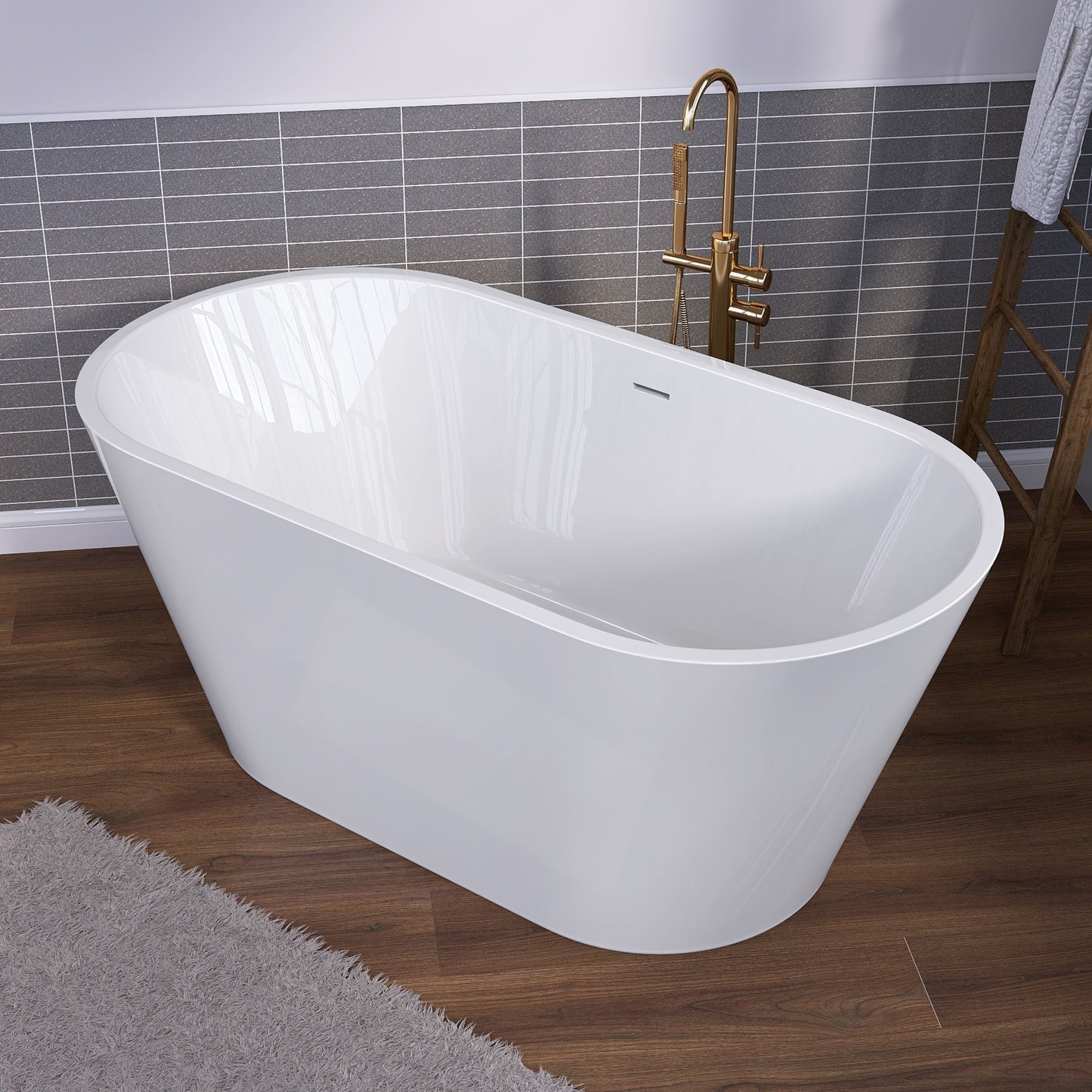 51 Inch Acrylic Freestanding Bathtub Contemporary Soaking White Tub with Overflow and Pop-up Drain Gloss White