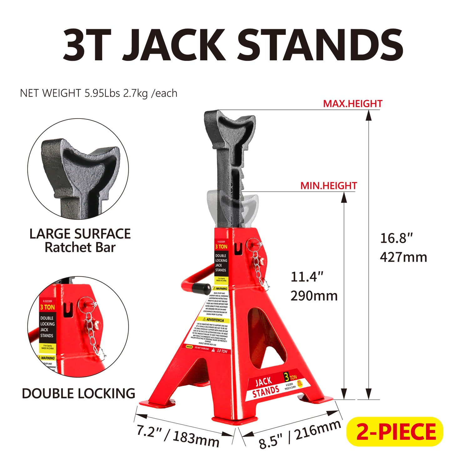 Floor Jack, 2 Ton Low Profile Floor Jack, 3t jack stand Tire Repair Kit Heavy Duty Steel Racing Floor Jack with Single Piston Quick Lift Pump, Floor Jack Lifting Range 3.3"-15.2"