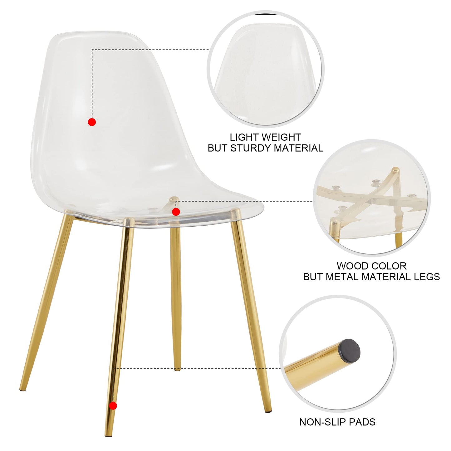 KELESY Modern Simple Transparent Dining Chair Plastic Chair Armless Crystal Chair Nordic Creative Makeup Stool Negotiation Chair Set of 4 and Plating Metal Leg of Golden
