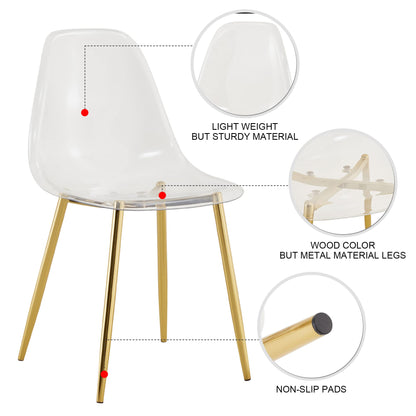 KELESY Modern Simple Transparent Dining Chair Plastic Chair Armless Crystal Chair Nordic Creative Makeup Stool Negotiation Chair Set of 4 and Plating Metal Leg of Golden