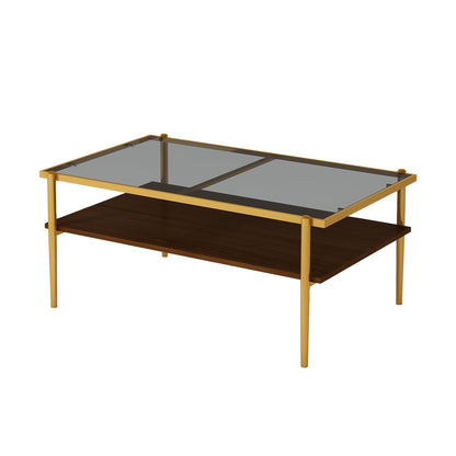 KELESY Modern Rectangle Coffee Table with Gray Tempered Glass Top and Metal Legs - Stylish Living Room Glass Table