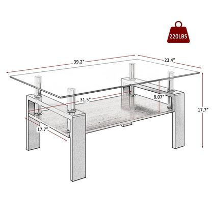 KELESY Modern Rectangle Coffee Table with Tempered Glass Top and MDF Layer - Stylish Living Room Glass Table