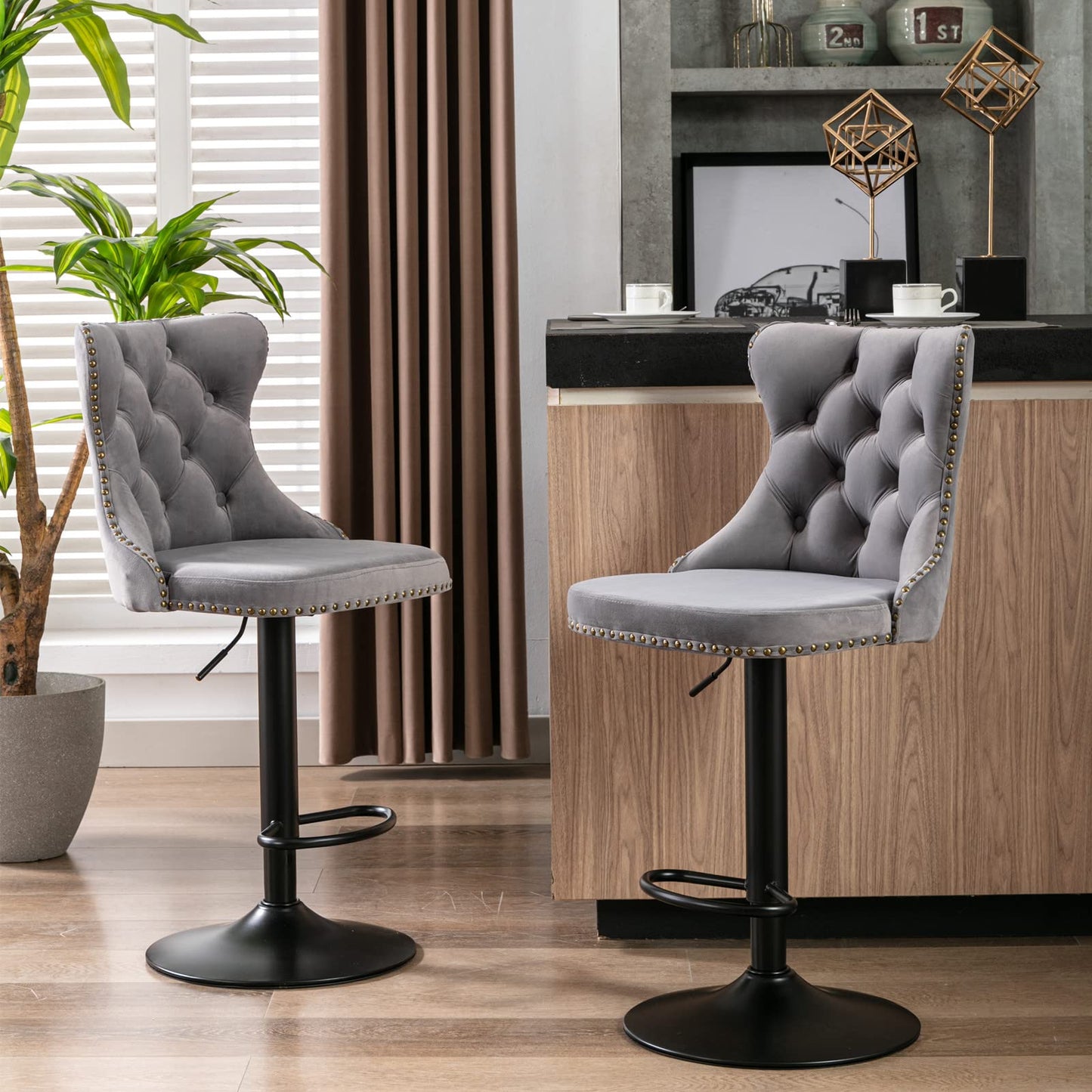 KELESY Swivel Velvet Barstools Adjusatble Seat Height from 25-33 Inch,17.7 Inch Base, Modern Upholstered Bar Stools with Backs Comfortable Tufted for Home Pub and Kitchen Island,Set of 2