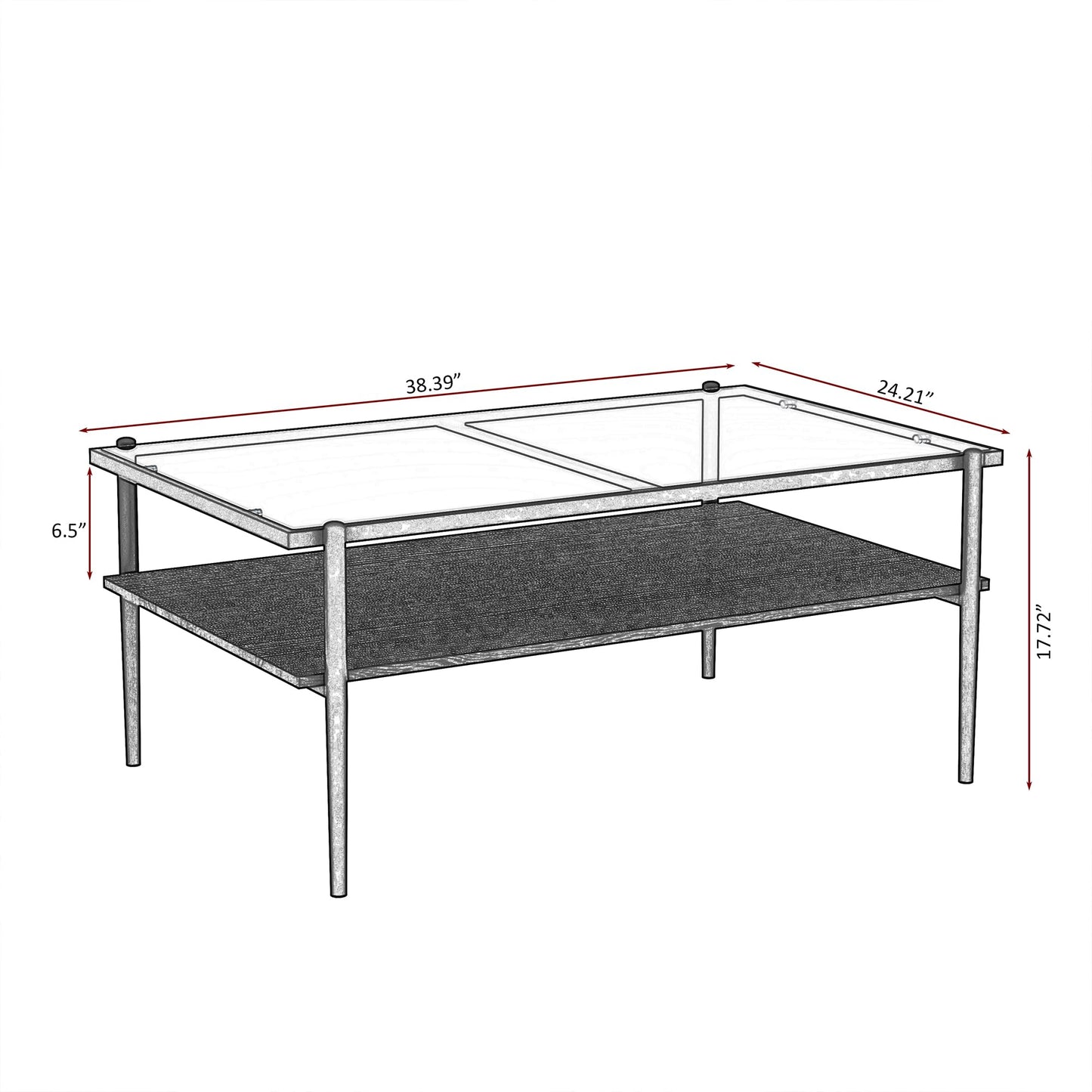KELESY Modern Rectangle Coffee Table with Gray Tempered Glass Top and Metal Legs - Stylish Living Room Glass Table