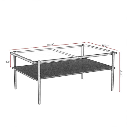 KELESY Modern Rectangle Coffee Table with Gray Tempered Glass Top and Metal Legs - Stylish Living Room Glass Table