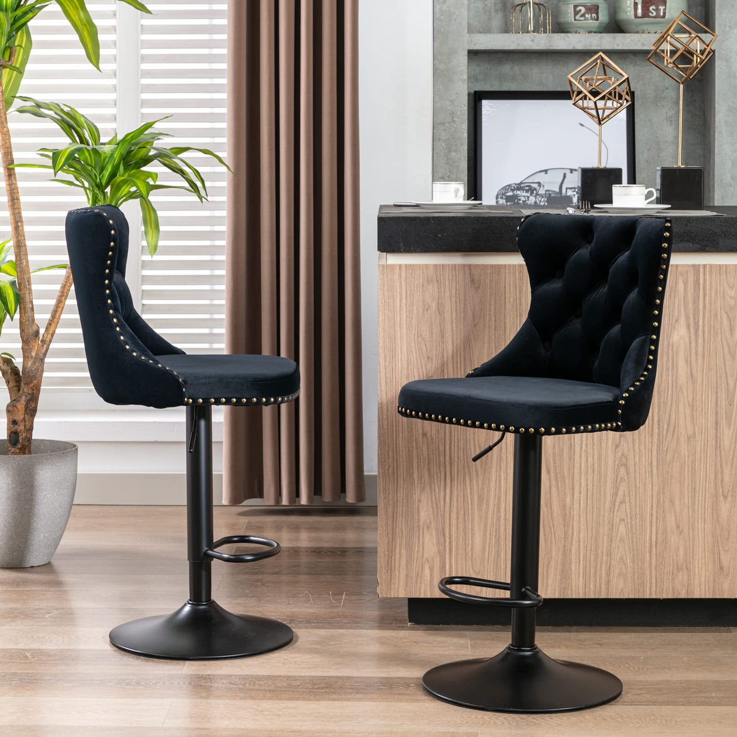 KELESY Swivel Velvet Barstools Adjusatble Seat Height from 25-33 Inch,17.7 Inch Base, Modern Upholstered Bar Stools with Backs Comfortable Tufted for Home Pub and Kitchen Island,Set of 2