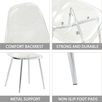 KELESY Modern Minimalist Transparent Dining Chair, Plastic Chair, Armless Crystal Chair, Nordic Creative Makeup Stool, Negotiation Chair, Silver Plated Metal Leg 6-Piece Set