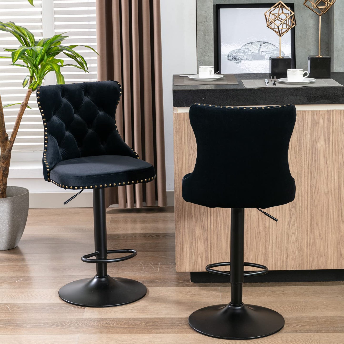 KELESY Swivel Velvet Barstools Adjusatble Seat Height from 25-33 Inch,17.7 Inch Base, Modern Upholstered Bar Stools with Backs Comfortable Tufted for Home Pub and Kitchen Island,Set of 2