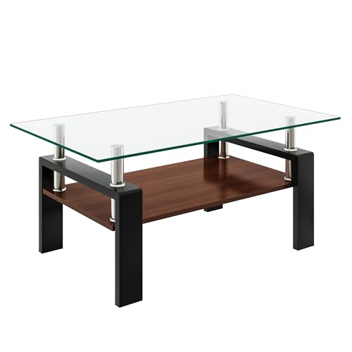 KELESY Modern Rectangle Coffee Table with Tempered Glass Top and MDF Layer - Stylish Living Room Glass Table