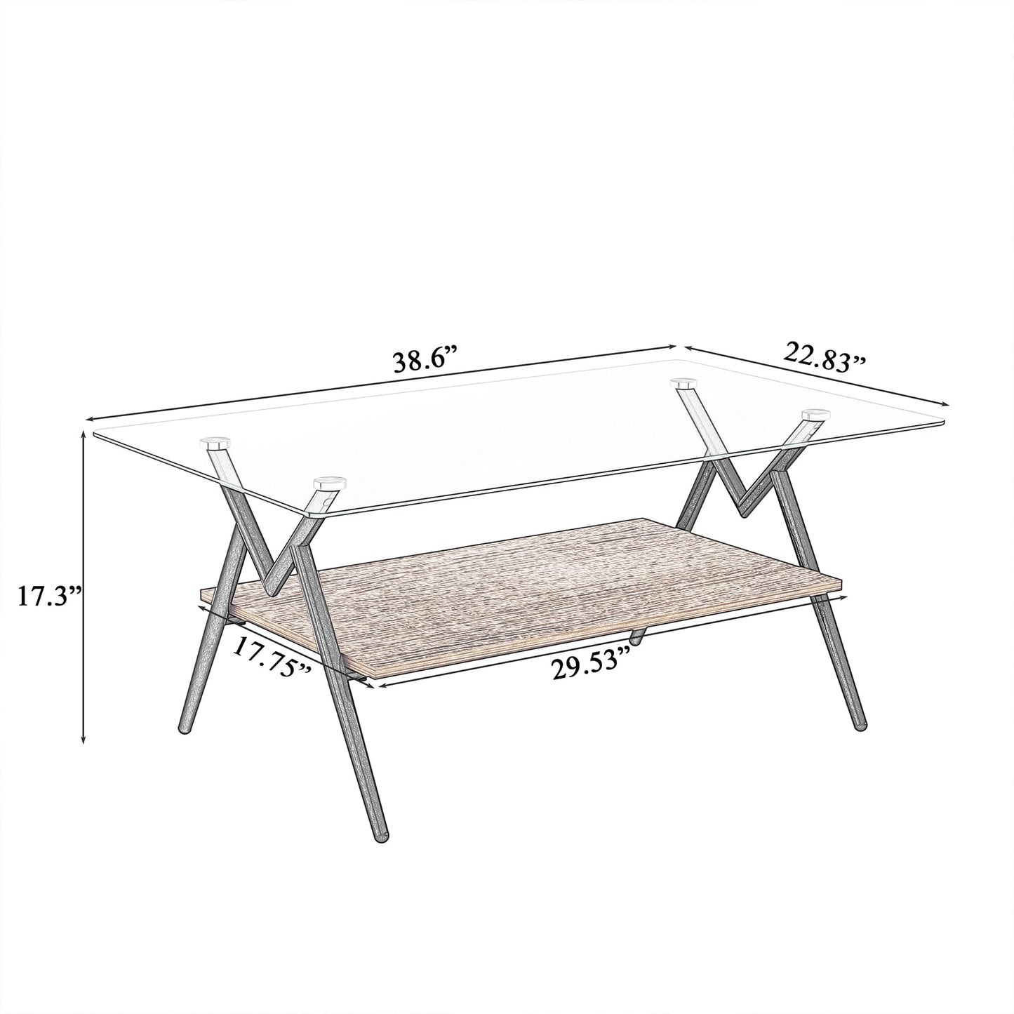 KELESY Modern Rectangle Coffee Table with Tempered Glass Top and Metal Legs - Stylish Living Room Glass Table