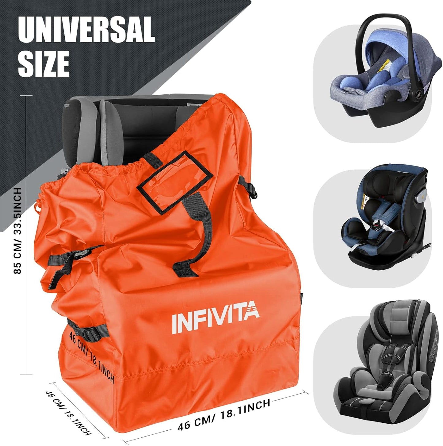 INFIVITA Car Seat Travel Bag – Waterproof Car Seat Bag for Airplane, 600D Oxford Fabric Durable Car Seat Travel Bag for Airplane with Cover ID Card Window Bottom Cushion, 45 * 45 * 85cm, Orange