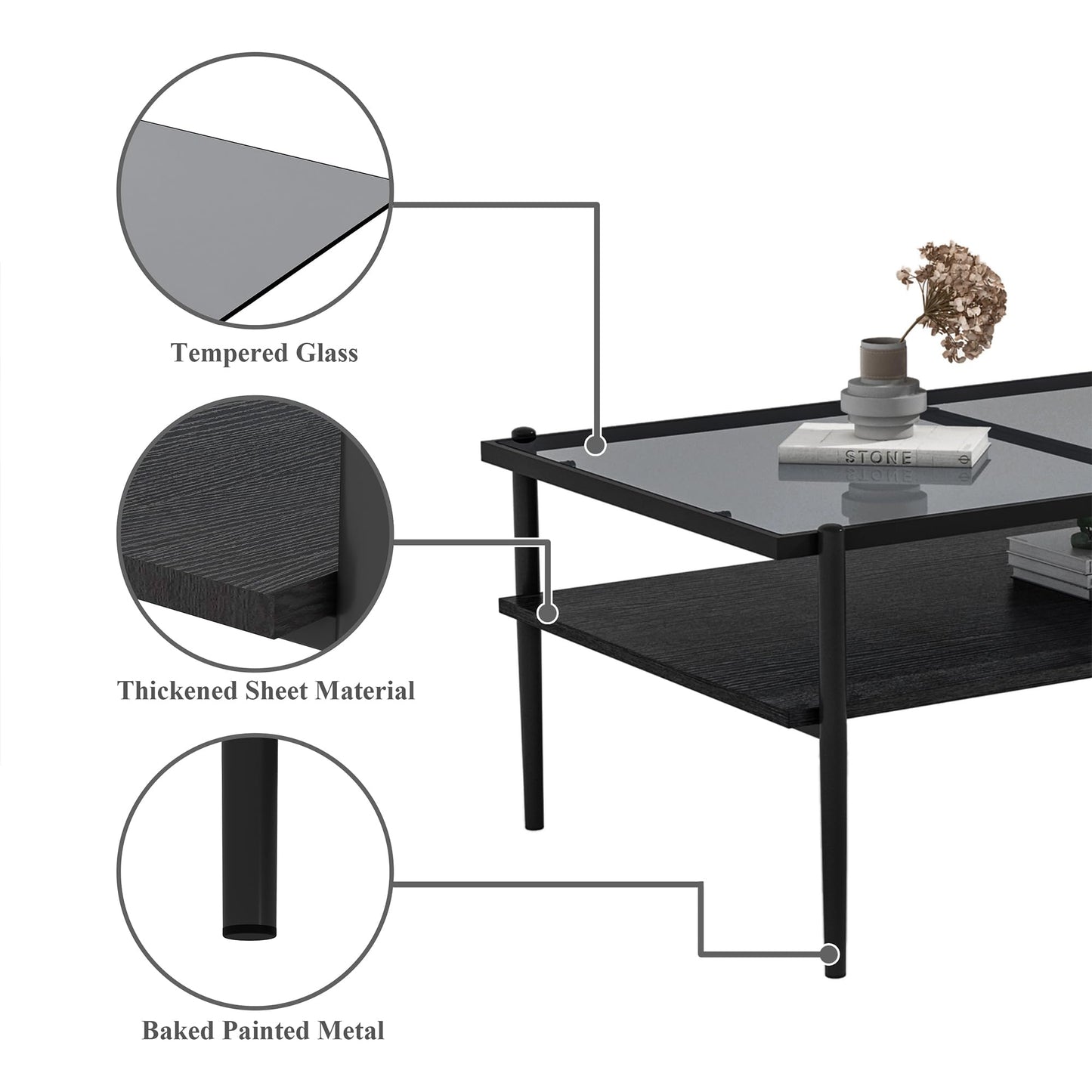 KELESY Modern Rectangle Coffee Table with Gray Tempered Glass Top and Metal Legs - Stylish Living Room Glass Table