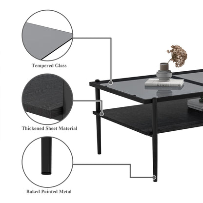 KELESY Modern Rectangle Coffee Table with Gray Tempered Glass Top and Metal Legs - Stylish Living Room Glass Table