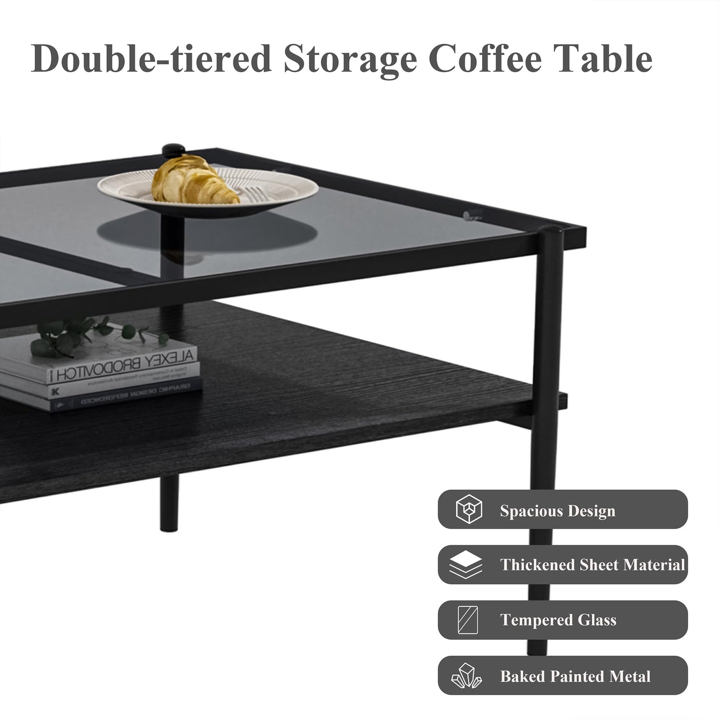 KELESY Modern Rectangle Coffee Table with Gray Tempered Glass Top and Metal Legs - Stylish Living Room Glass Table