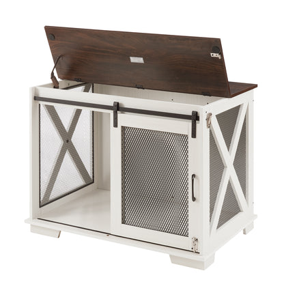 Farmhouse Dog Cage Crate Furniture with Sliding Barn Door, Farmhouse Wooden Dog Kennel End Table with Flip-top Plate Dog House with Detachable Divider for Small/Medium/Large Dog White