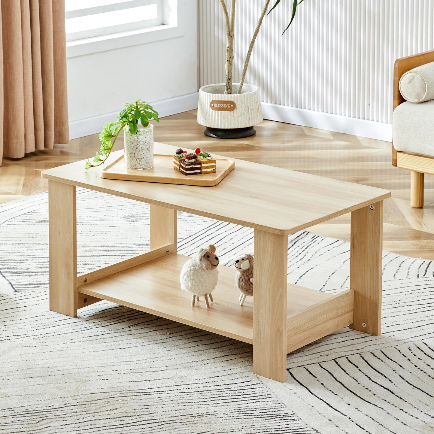KELESY Modern Minimalist Double-Layer Rectangular Coffee Table | Farmhouse, Rustic & Industrial Styles | Versatile Living Room, Bedroom & Study Table | Durable MDF Design | 19.6"x35.4"x16.5"