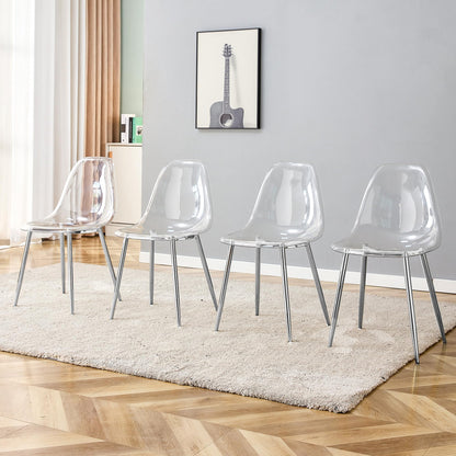 KELESY Modern Minimalist Transparent Dining Chair, Plastic Chair, Armless Crystal Chair, Nordic Creative Makeup Stool, Negotiation Chair, Silver Plated Metal Leg 6-Piece Set