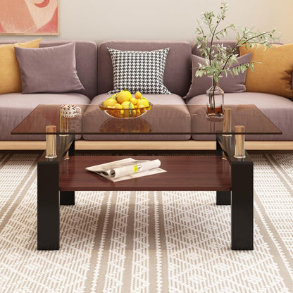 KELESY Modern Rectangle Coffee Table with Tempered Glass Top and MDF Layer - Stylish Living Room Glass Table