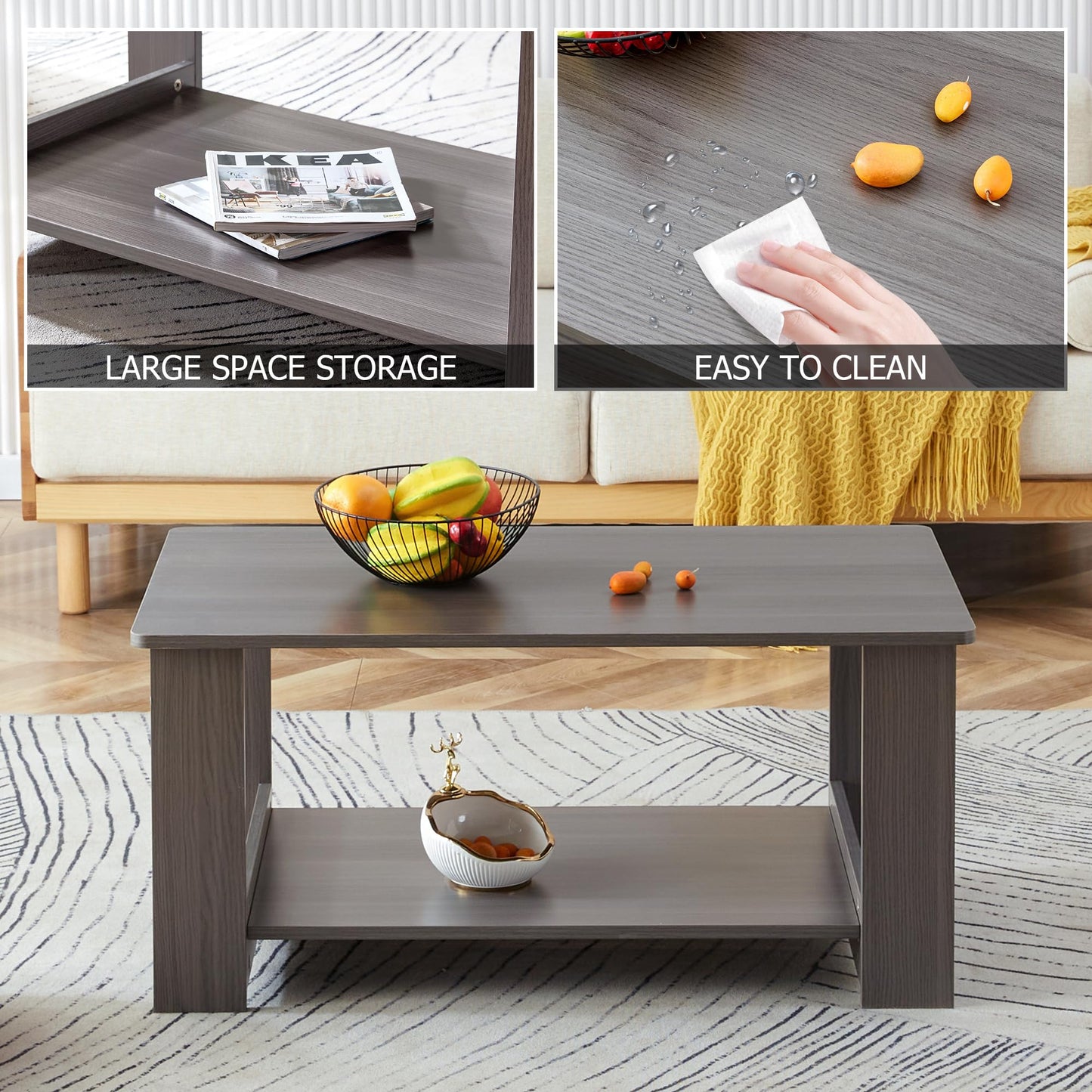 KELESY Modern Minimalist Double-Layer Rectangular Coffee Table | Farmhouse, Rustic & Industrial Styles | Versatile Living Room, Bedroom & Study Table | Durable MDF Design | 19.6"x35.4"x16.5"