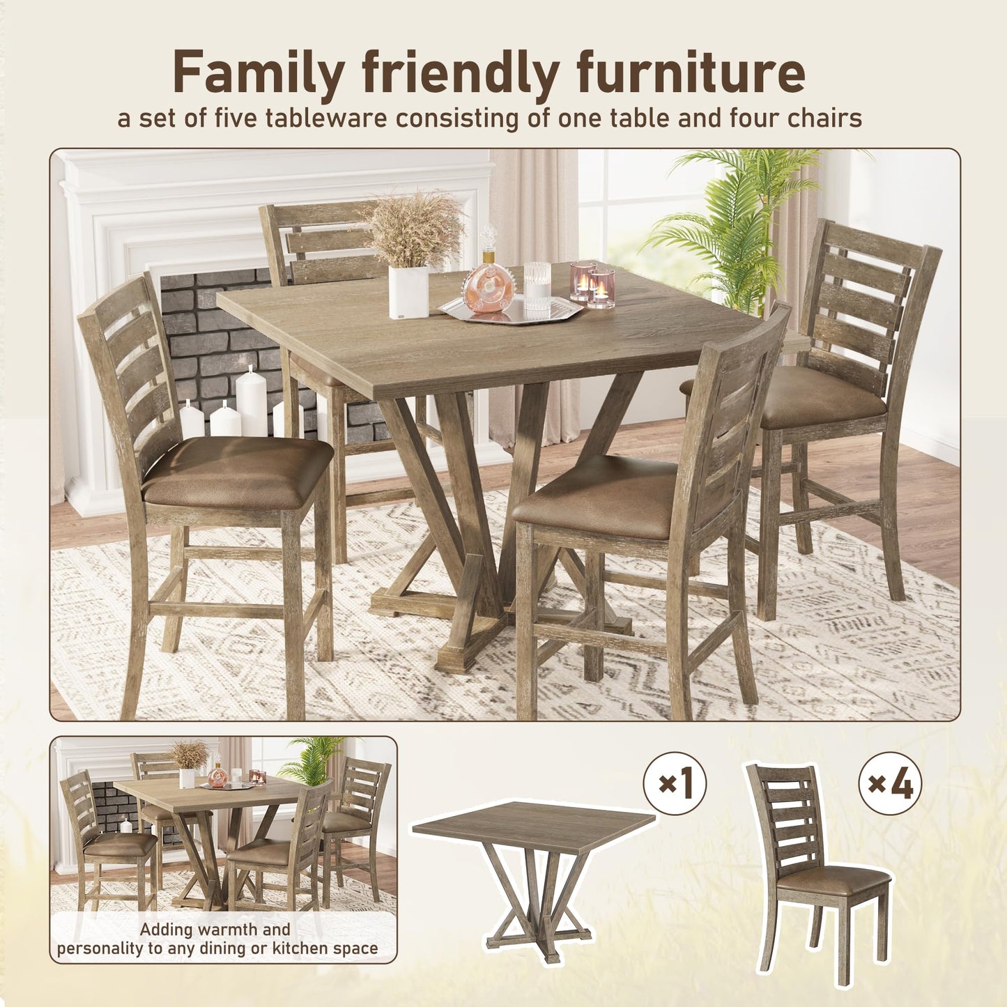 KELESY Set of 2 Dining Counter Height Chairs Modern Farmhouse Rustic Look Distressed Design Ladderback Solid Wood