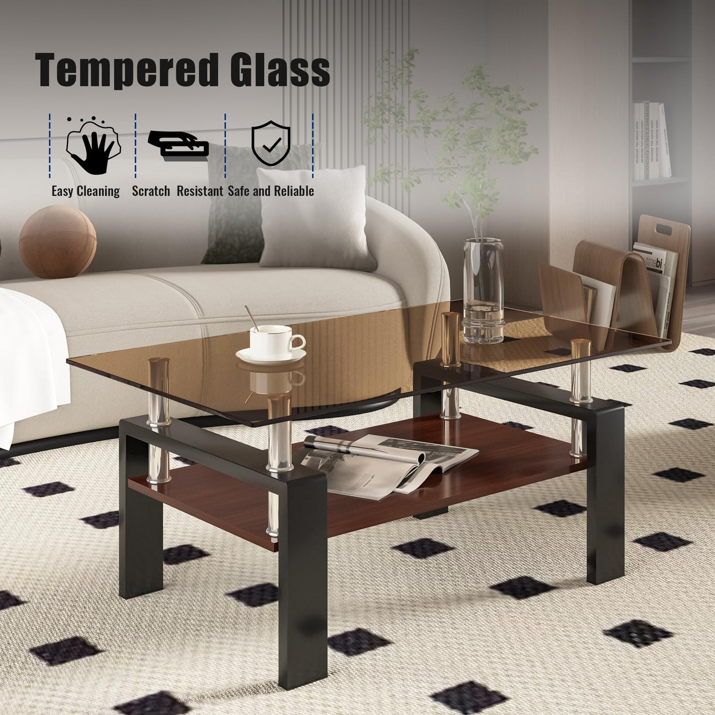 KELESY Modern Rectangle Coffee Table with Tempered Glass Top and MDF Layer - Stylish Living Room Glass Table