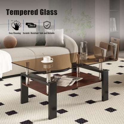 KELESY Modern Rectangle Coffee Table with Tempered Glass Top and MDF Layer - Stylish Living Room Glass Table