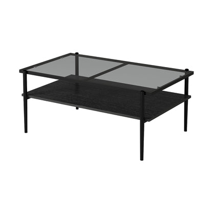 KELESY Modern Rectangle Coffee Table with Gray Tempered Glass Top and Metal Legs - Stylish Living Room Glass Table