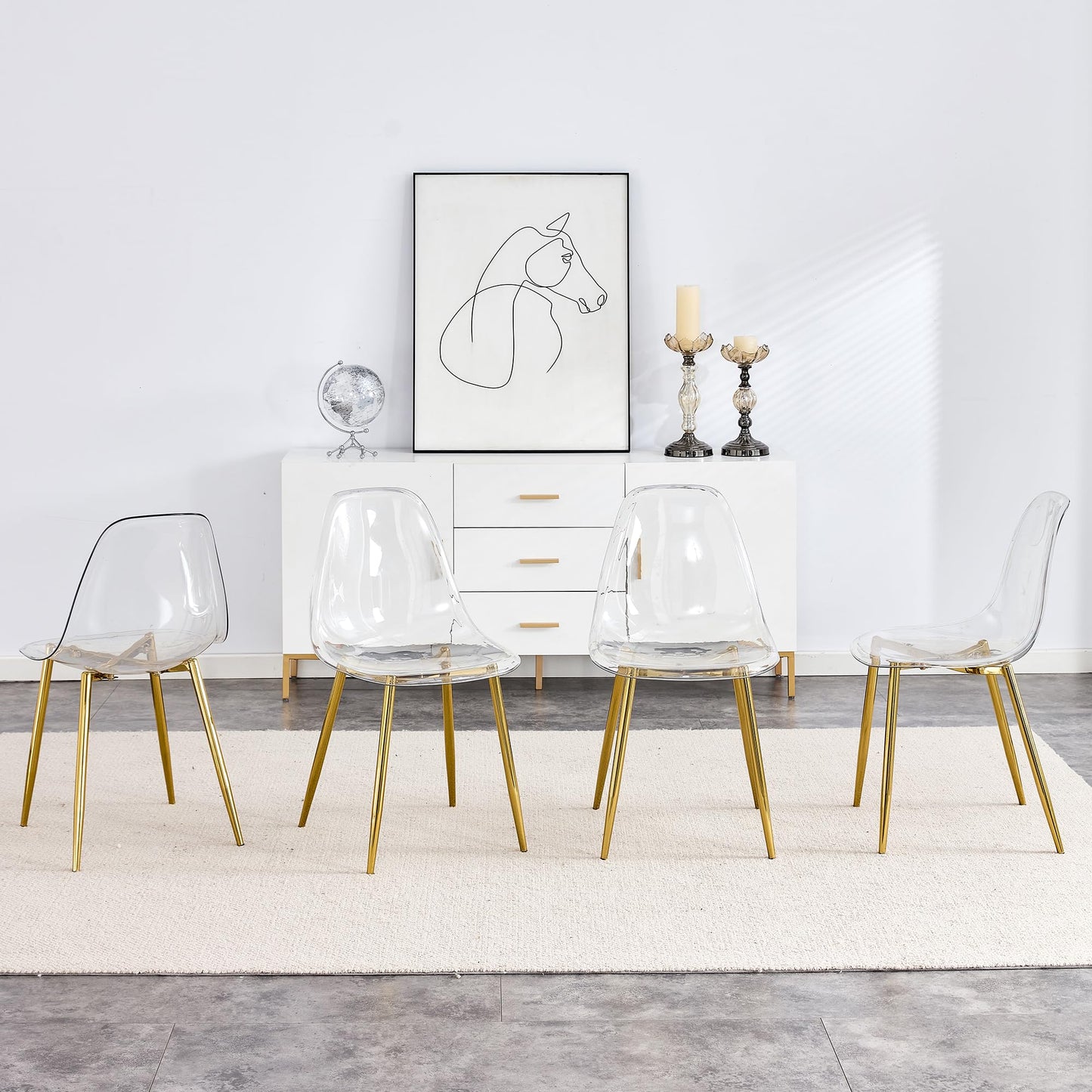 KELESY Modern Minimalist Transparent Dining Chair, Plastic Chair, Armless Crystal Chair, Nordic Creative Makeup Stool, Negotiation Chair, 6-Piece Set of Gold-Plated Metal Legs