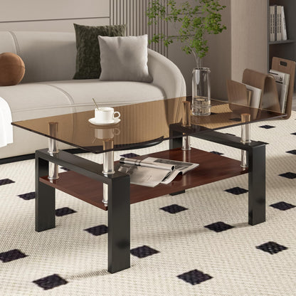 KELESY Modern Rectangle Coffee Table with Tempered Glass Top and MDF Layer - Stylish Living Room Glass Table