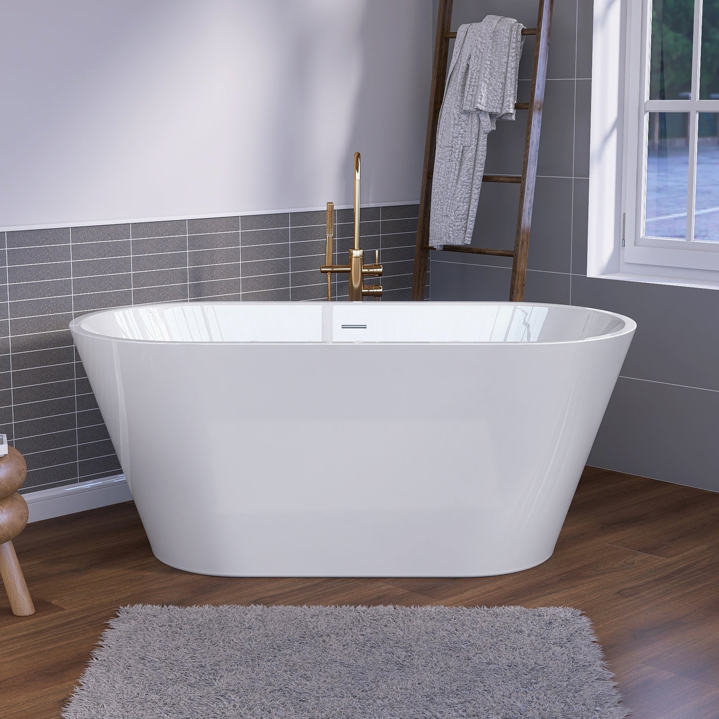 51 Inch Acrylic Freestanding Bathtub Contemporary Soaking White Tub with Overflow and Pop-up Drain Gloss White