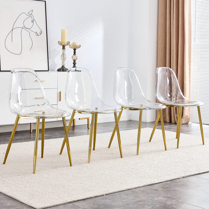 KELESY Modern Simple Transparent Dining Chair Plastic Chair Armless Crystal Chair Nordic Creative Makeup Stool Negotiation Chair Set of 4 and Plating Metal Leg of Golden