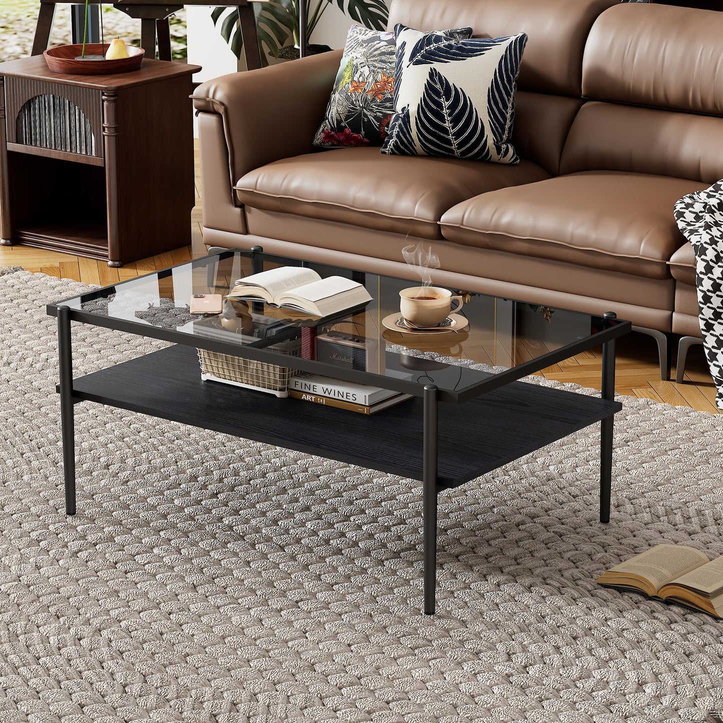 KELESY Modern Rectangle Coffee Table with Gray Tempered Glass Top and Metal Legs - Stylish Living Room Glass Table