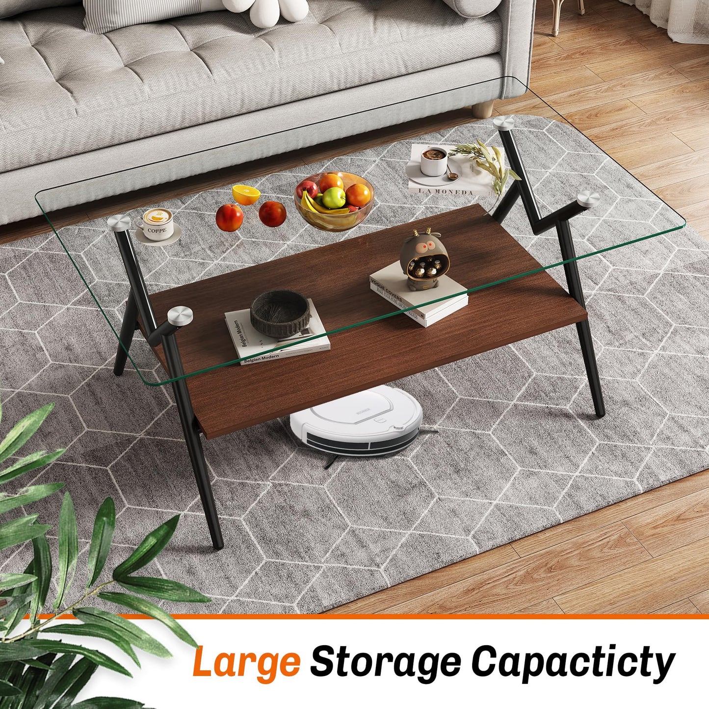 KELESY Modern Rectangle Coffee Table with Tempered Glass Top and Metal Legs - Stylish Living Room Glass Table