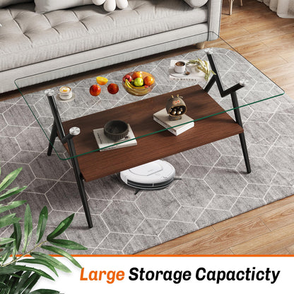 KELESY Modern Rectangle Coffee Table with Tempered Glass Top and Metal Legs - Stylish Living Room Glass Table