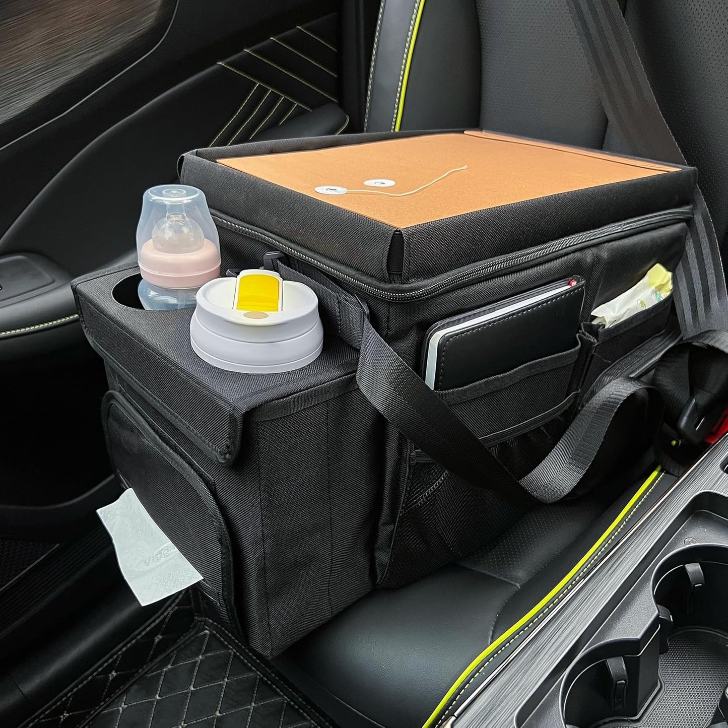 INFIVITA Waterproof Car Organizer with Lid, Car Cooler Bag with Cup Holder and Tissue Box