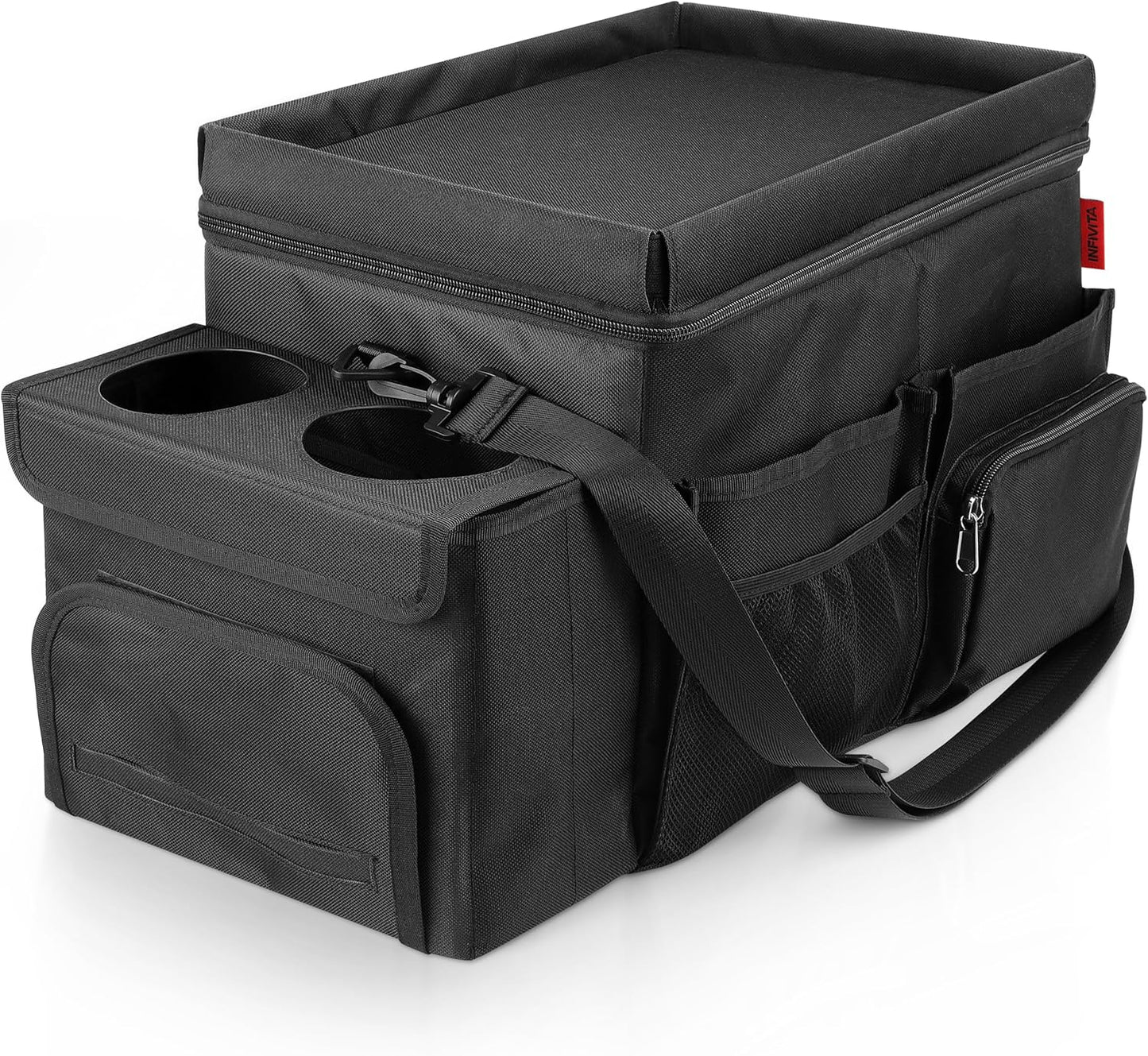 INFIVITA Waterproof Car Organizer with Lid, Car Cooler Bag with Cup Holder and Tissue Box