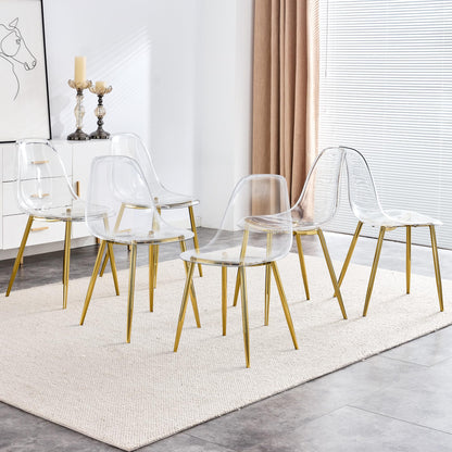 KELESY Modern Minimalist Transparent Dining Chair, Plastic Chair, Armless Crystal Chair, Nordic Creative Makeup Stool, Negotiation Chair, 6-Piece Set of Gold-Plated Metal Legs