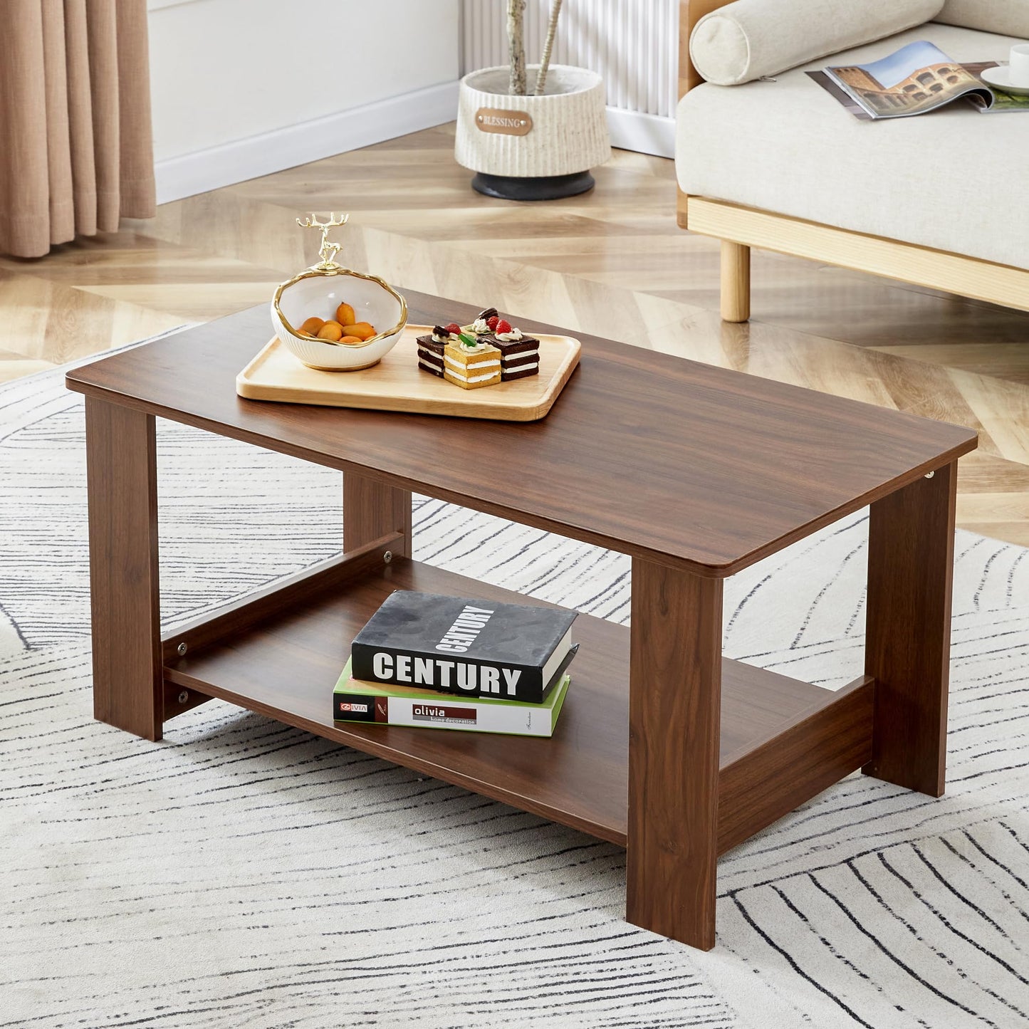 KELESY Modern Minimalist Double-Layer Rectangular Coffee Table | Farmhouse, Rustic & Industrial Styles | Versatile Living Room, Bedroom & Study Table | Durable MDF Design | 19.6"x35.4"x16.5"