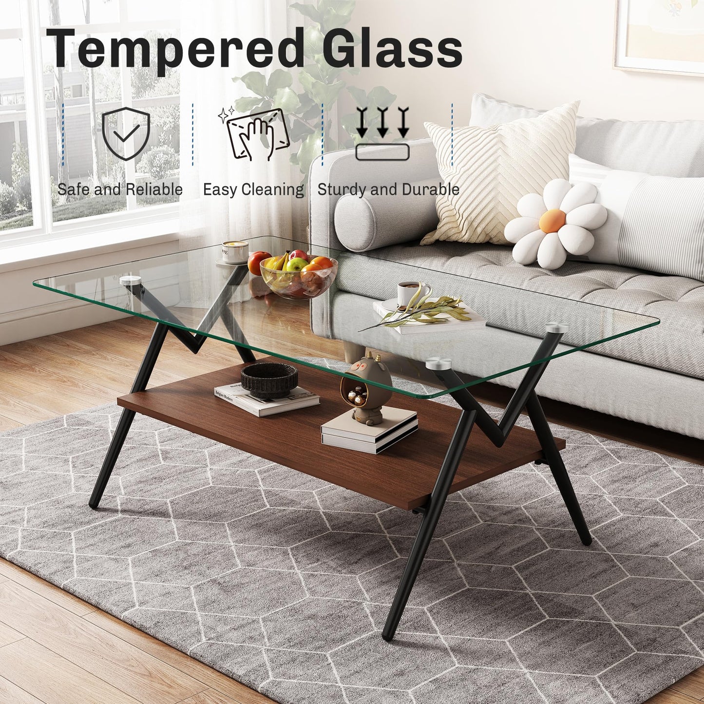 KELESY Modern Rectangle Coffee Table with Tempered Glass Top and Metal Legs - Stylish Living Room Glass Table