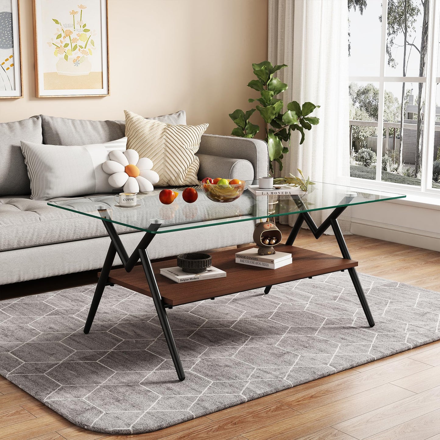 KELESY Modern Rectangle Coffee Table with Tempered Glass Top and Metal Legs - Stylish Living Room Glass Table
