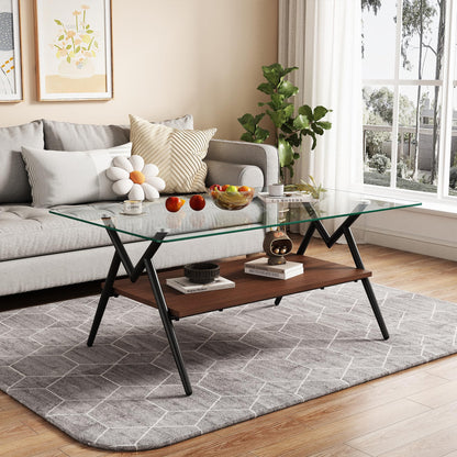 KELESY Modern Rectangle Coffee Table with Tempered Glass Top and Metal Legs - Stylish Living Room Glass Table