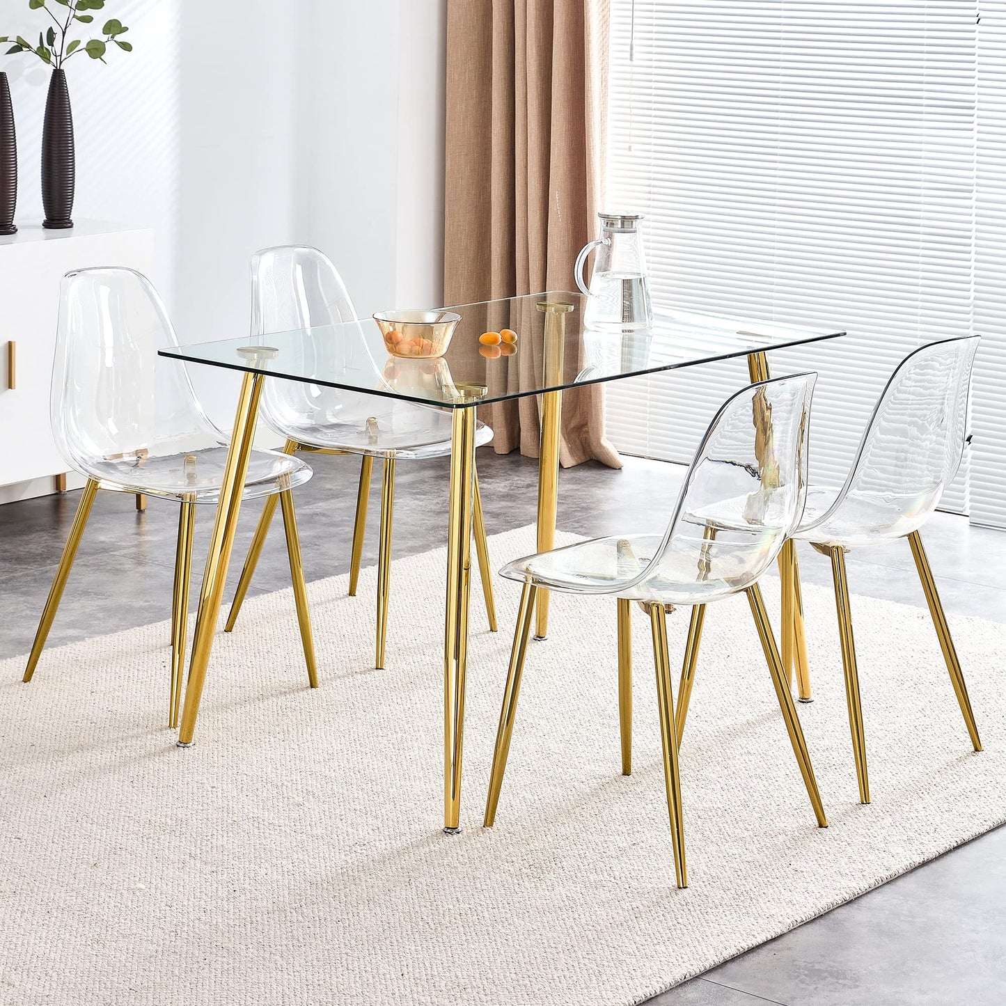 KELESY Modern Simple Transparent Dining Chair Plastic Chair Armless Crystal Chair Nordic Creative Makeup Stool Negotiation Chair Set of 4 and Plating Metal Leg of Golden