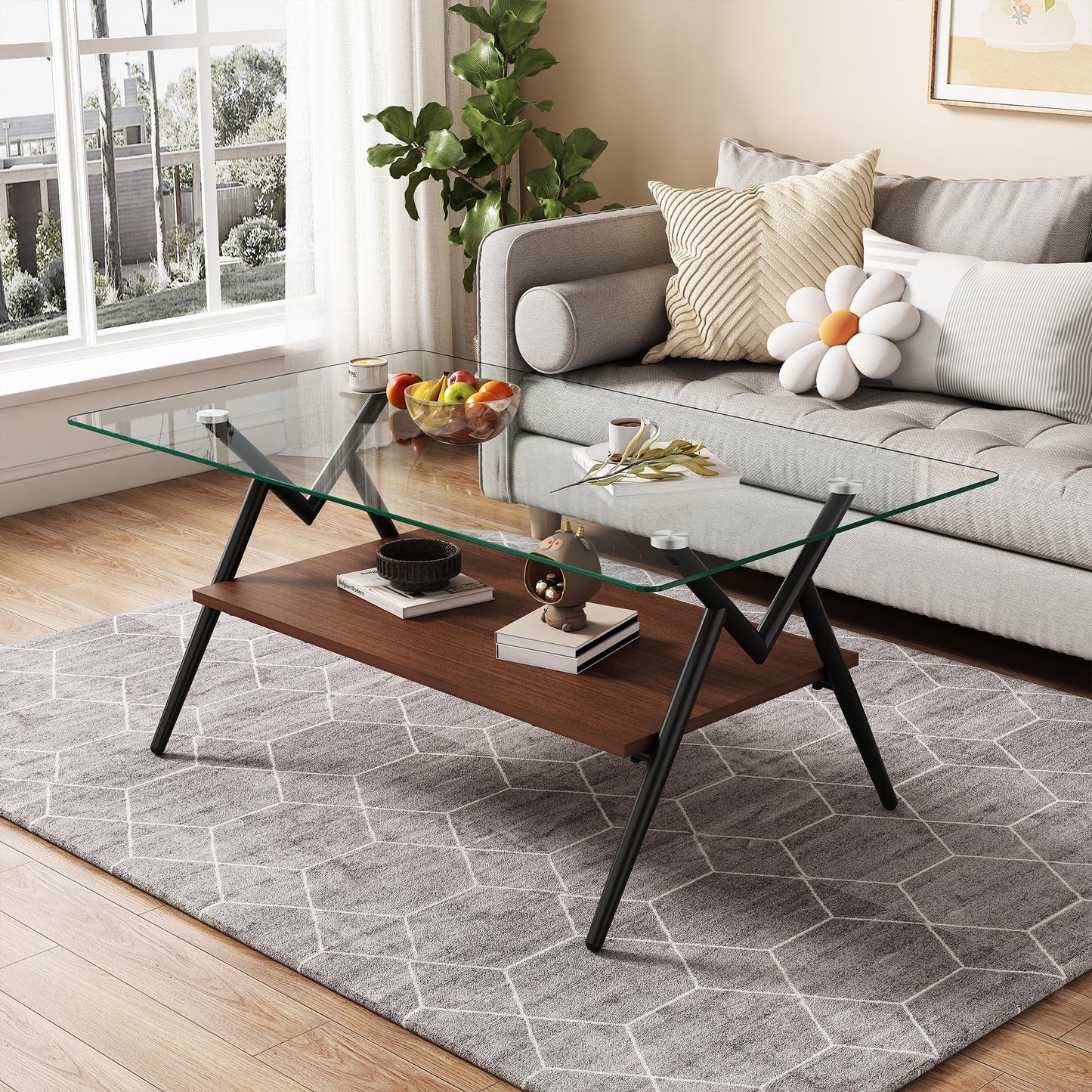 KELESY Modern Rectangle Coffee Table with Tempered Glass Top and Metal Legs - Stylish Living Room Glass Table